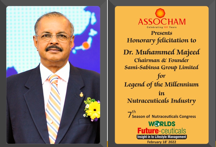 Dr. Muhammed Majeed is named the “Legend of the Millennium in Nutraceutical Industry” by ASSOCHAM
